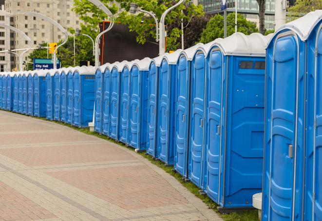 portable restrooms lined up at a marathon, ensuring runners can take a much-needed bathroom break in Corrales NM